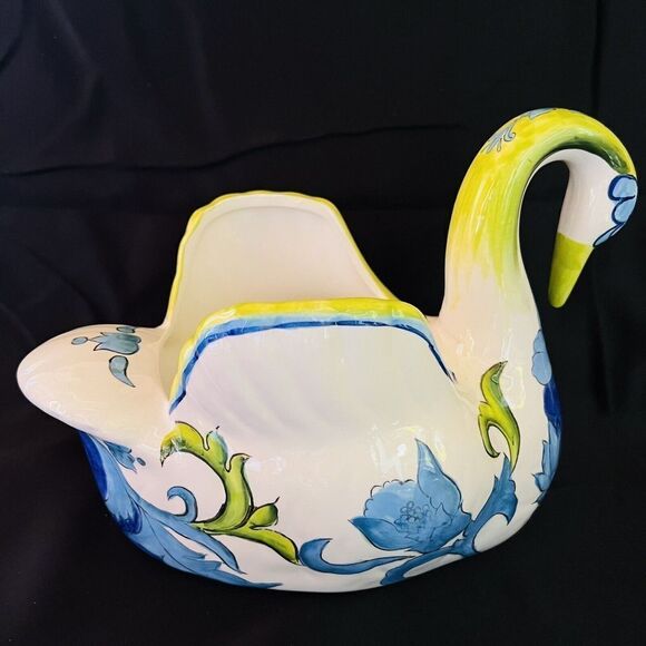Vintage Planter White Green Ceramic Swan Figurine Figural Flower Pot Floral - Picture 2 of 9